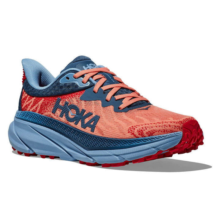 Hoka Challenger 7 Womens Trail Running Shoes | Papaya / Real Teal front rocker