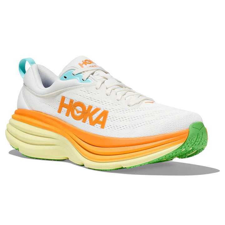 Hoka Bondi 8 Mens Running Shoes | Blanc De Blanc / Solar Flare front rocker