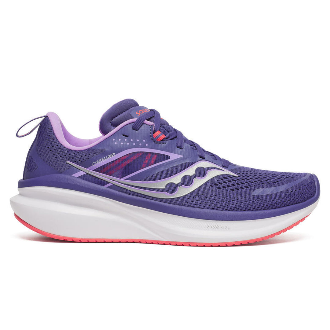 Purple running shoe with white sole on a white background